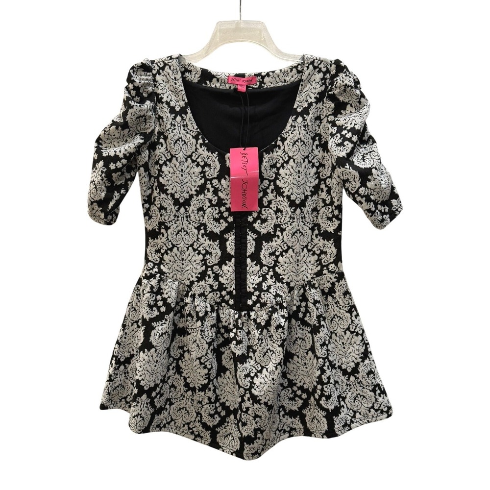 Betsey Johnson Black White Damask Peplum Mini Top Puff Sleeve Hook Eye Large NEW